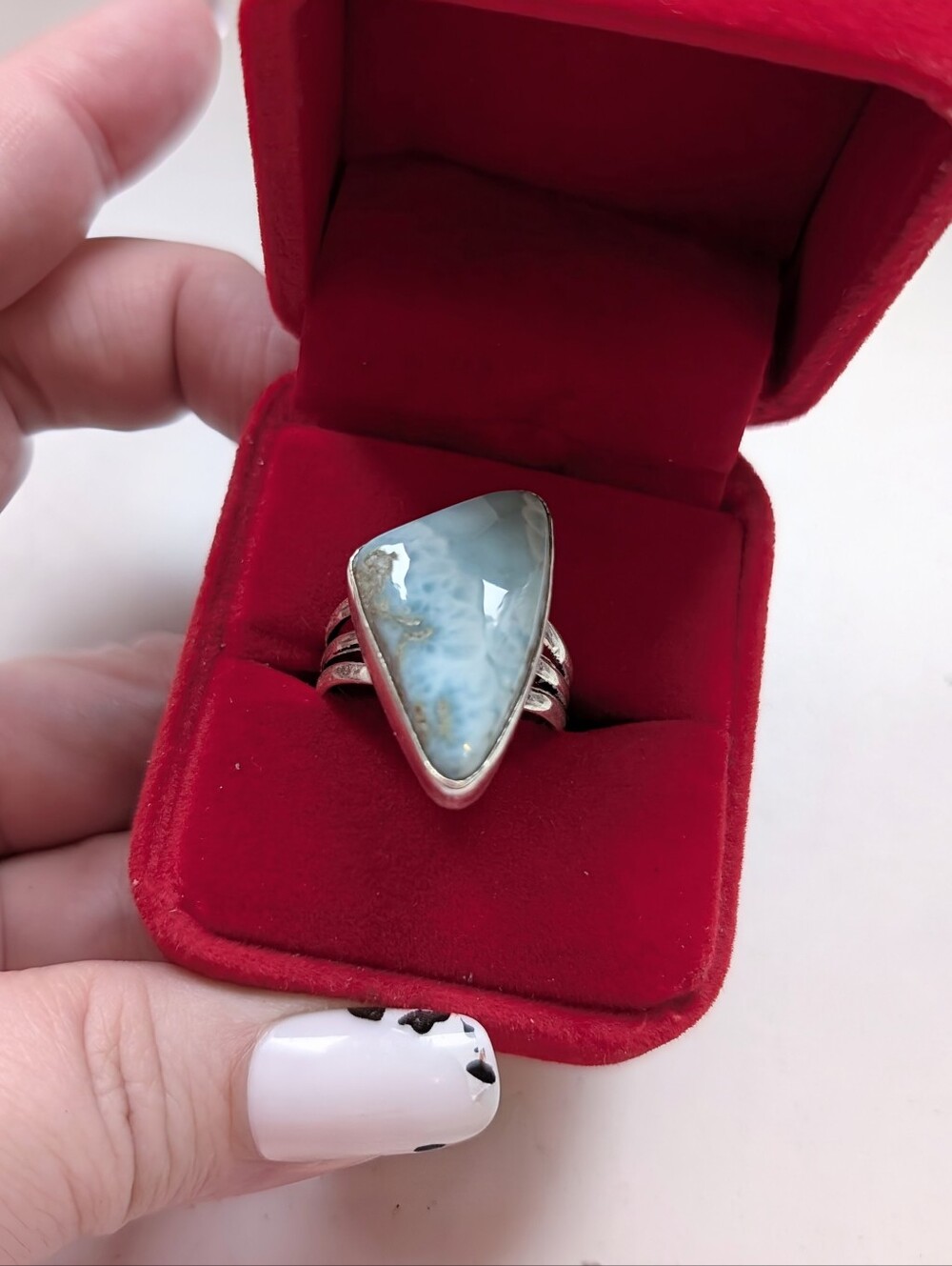 Vintage Handmade Sterling Silver White Blue 💙 Genuine Larimar Triangle Ring 9.5